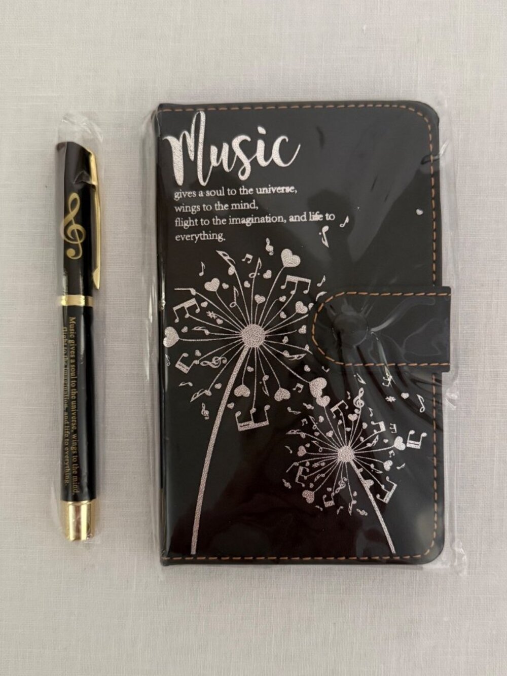 Music Journal Notebook Pen Set Black Faux Leather Music Notes Musician Gift